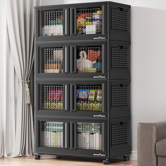 400Qt Stackable Storage Bins with Lids, 100Gal Closet Organizers and Storage Drawer, Plastic Collapsible Storage Bins with Doors, Heavy Duty Store Box Cabinet for Home Kitchen, 4Pack Black-Ruum Studio Home