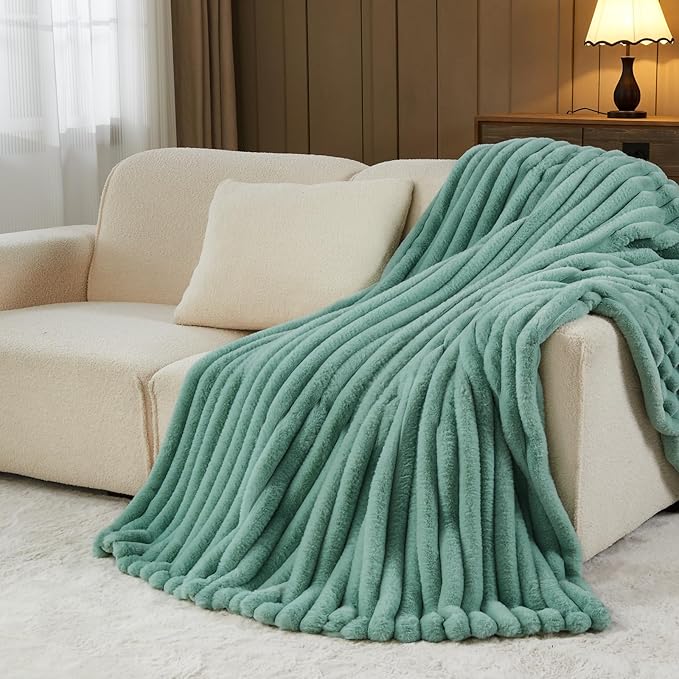 NEWCOSPLAY Faux Fur Throw Blanket New Sage Green 3D Ribbed Plush Thick Warm Blanket for Couch Sofa Bed 850GSM (New Sage Green Ribbed, Throw(50"x60"))-Ruum Studio Home