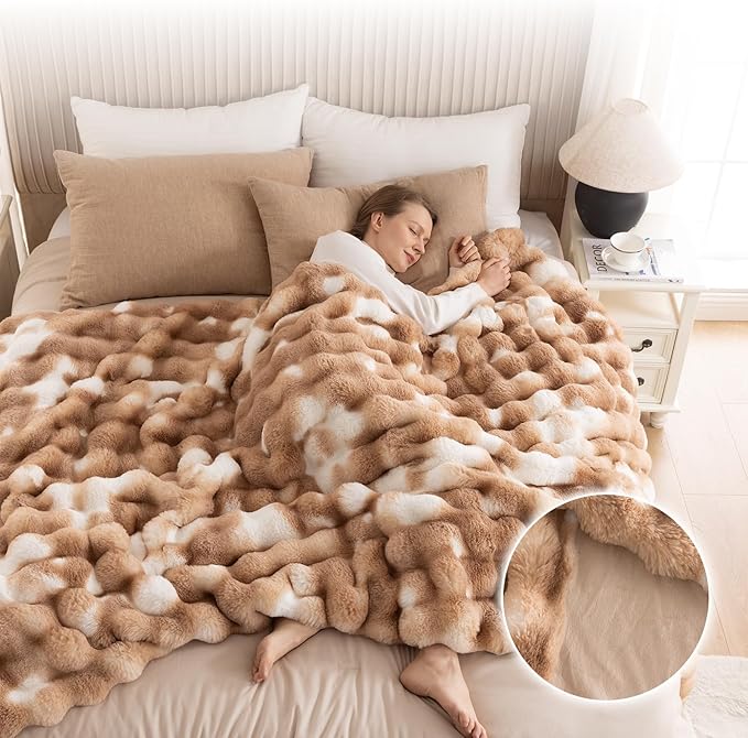 Cozy Faux Fur Throw Blanket for Bed-Warm Fuzzy Throw Blanket, Soft Plush Thick Bubble Blankets for Bedroom and Living Room, Furry Luxury Blanket, 90 x 90, Tie-Dye Brown-Ruum Studio Home