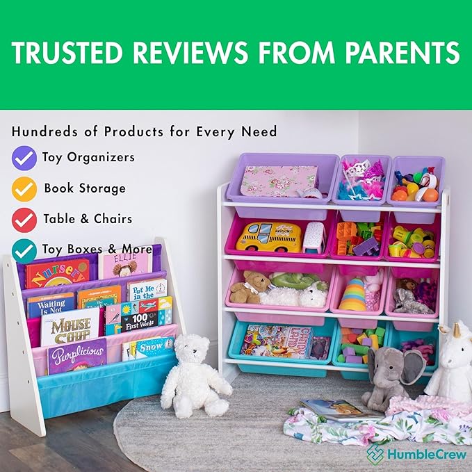 Humble Crew Kids Toy Storage Organizer with 12 Plastic Bins, White/Pink/Purple/Turquoise – Removable Bins for Playroom, Bedroom, Toddler Furniture for Boys and Girls Ages-Ruum Studio Home