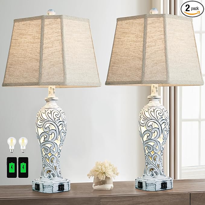 25'' Farmhouse Table Lamps Set of 2 for Living Room Bedroom, 2 USB Ports Rustic Vintage Nightstand Table Lamp with Nightlight, Hollow Out Resin Lamp for End Table (Bulbs Included)-Ruum Studio Home
