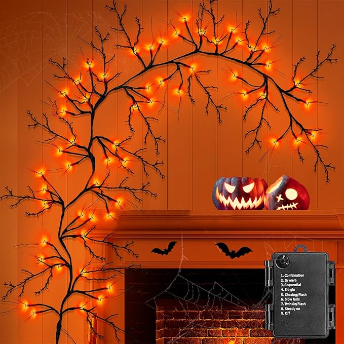 9 FT 72LED Halloween Willow Vine Twig Decor Branches Garland with Lights - 8 Modes Timer - Waterproof Battery Operated for Indoor Wall Fireplace Halloween Decorations-Ruum Studio Home