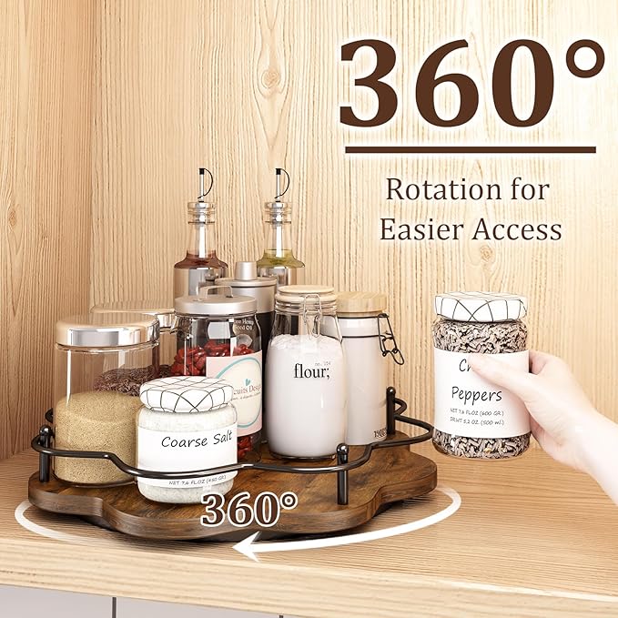 12" Lazy Susan Turntable Organizer,Round Wooden Lazy Susan Organization and Rotating Spice Rack for Dining Table,Pantry,Kitchen Countertop,Vanity,Cupboard and More.Vintage Wood(Petal Shape)-Ruum Studio Home