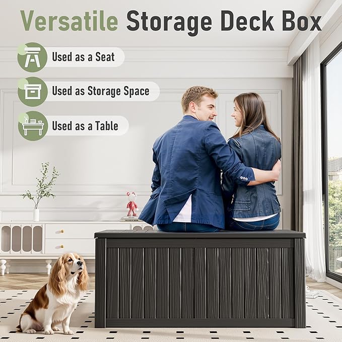 KAMABOKO Outdoor Storage Box, 120 Gallon Large Outdoor Resin Deck Box, Storage Waterproof Boxes Lockable Lid for Garden Tools, Pool Supplies, Patio Furniture and Cushions, Black-Ruum Studio Home