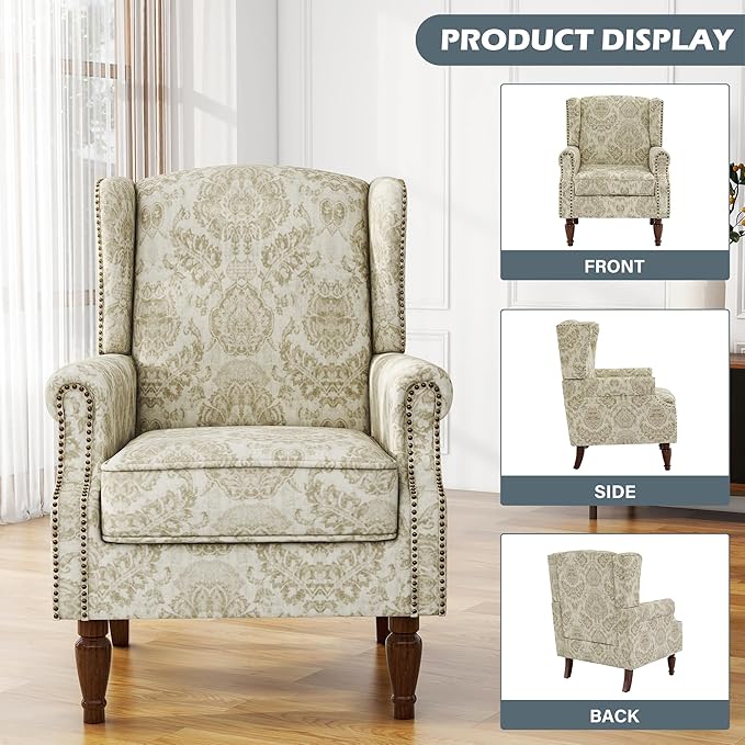 UIXE High Back Floral Accent Chairs Set of 2, Upholstered Armchair in Fabric, Retro Printed Wingback Arm Chair for Living Room, Nailhead Trim Single Sofa Bedroom Reading Seat - White-Ruum Studio Home