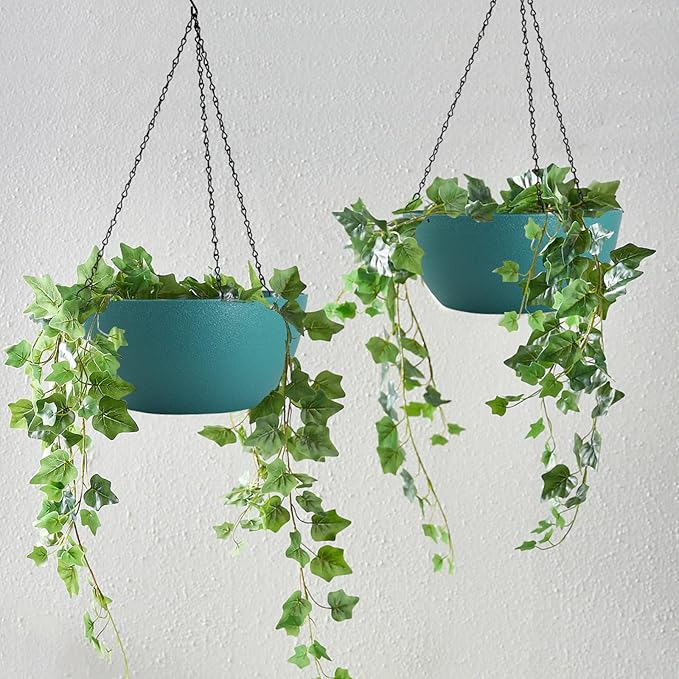 WOUSIWER 13 inch 2 Pack Large Hanging Planters for Indoor Outdoor Plants with Drainage Holes and Chain, Round Hanging Flower Pots for Garden Home Porch Decor, Myrtle Green-Ruum Studio Home