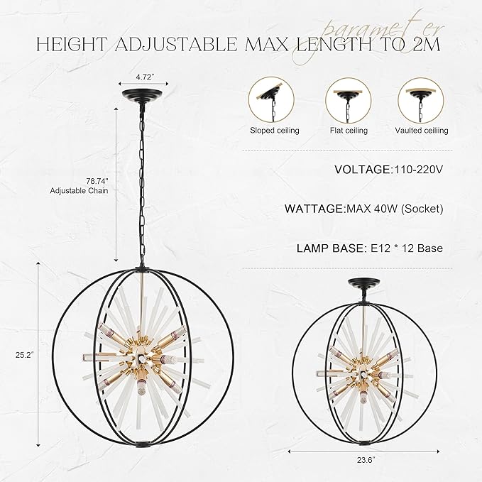 23.6" Black Gold 12-Light Globe Sputnik Chandelier Modern Adjustable Hanging Ceiling Glass Tube Pendant Light Fixture for Entryway Foyer Staircase Dining Living Room Hallway-Ruum Studio Home