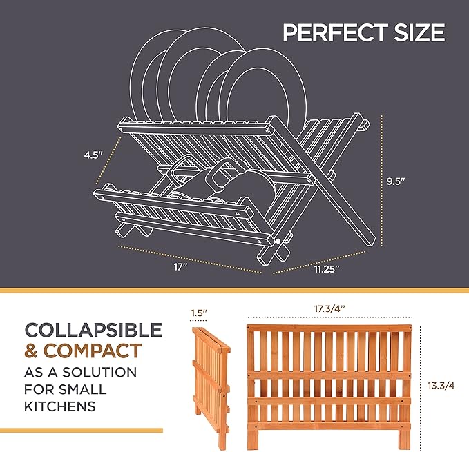 BAMBUSI Dish Drying Rack - Collapsible 2-Tier Bamboo Dish Rack for Kitchen Counter, Wooden Dish Drainer with Foldable Space-Saving Design - Drying Rack for Dishes, Plates, and Cups - Housewarming Gift-Ruum Studio Home