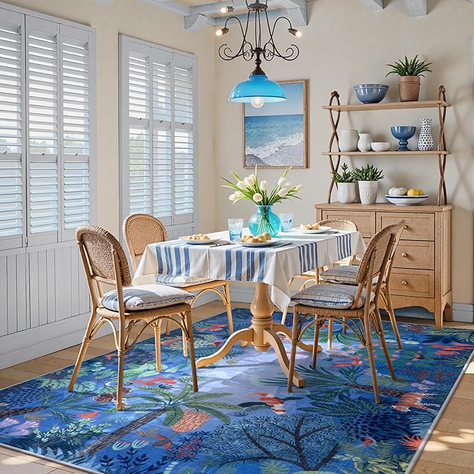 LIVEBOX Washable Jungle Animal Print 5x7 Blue Rug for Living Room, Non-Slip Kids Bedroom Rugs for Boy Playroom Kid Baby Room, Soft Stain Resistant Blue and Green Rug for Nursery Boy Dining-Ruum Studio Home