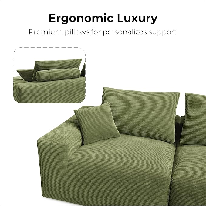 LIKIMIO 120" Modern L-Shaped Modular Sectional Sofa for Living Room, Corduroy Upholstery Green, Oversized 3-Seater Couch with Deep Seat and Movable Ottoman – No Assembly-Ruum Studio Home