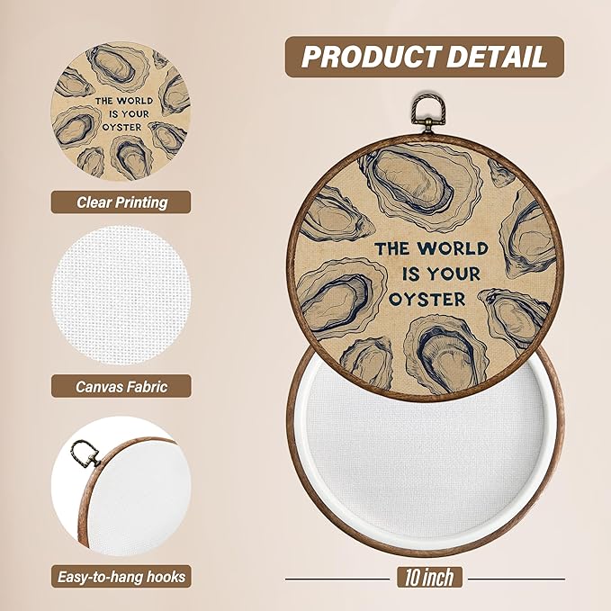 XBBMGG Oyster Wall Art Decor, Coastal Vintage Oyster Shell Round Wall Hanging Decor, Beach Ocean Nautical The World Is Your Oyster Framed Canvas Prints for Living Room Bathroom Decorations, 10x10inch-Ruum Studio Home