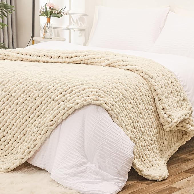 Bigacogo Chunky Knit Throw Blanket for Couch, 51x63 inches, 100% Hand Knitted with Thick Jumbo Chenille Yarn, Cozy Soft Large Rope Knot Cable Crochet Blankets for Sofa Bed Living Room, Beige-Ruum Studio Home