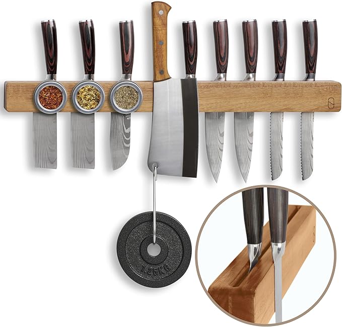 Premium 24 inch Magnetic Knife Holder for Wall with 2x Storage & Charming Wood - Knife Magnetic Strip, Under Cabinet Magnet Knives Storage - Magnet Strip Rack Kitchen Utensil Holder Organizer Tool-Ruum Studio Home