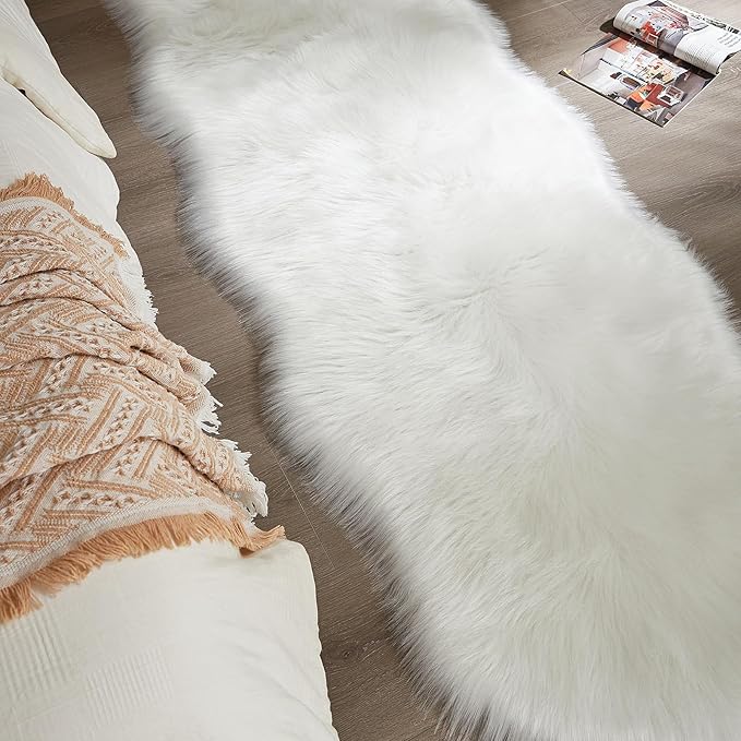 AMTOVO Faux Sheepskin Rug, White Ultra Soft Fluffy Shag Area Rug, 2 x 6 ft Faux Fur Rug for Bedroom Sofa Throw Cushion Room Decor, Sheepskin-Ruum Studio Home