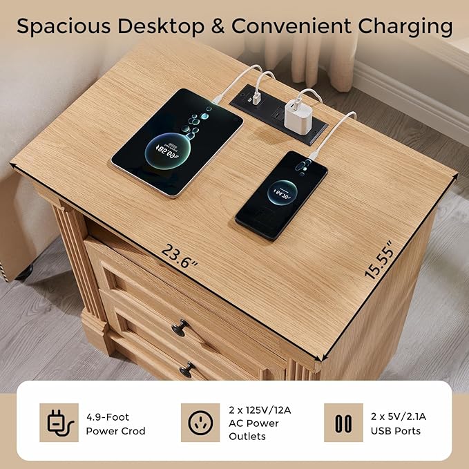 26" Tall Farmhouse Nightstand Set of 2, 2 Drawers End Table w/Charging Station, 23.6" Wide Large Side Tables w/Roman Column, Wood Rustic Sofa Tables w/Open Shelf, Bedside Table for Bedroom, Natrual-Ruum Studio Home
