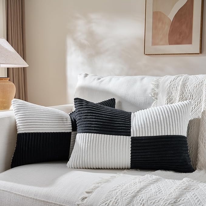 Fancy Homi Set of 2 Black White Lumbar Decorative Throw Pillow Covers 12x20 Inch for Living Room Bedroom Couch Bed Sofa, Soft Striped Corduroy Modern Rectangle Accent Cushion Case 30x50 cm-Ruum Studio Home