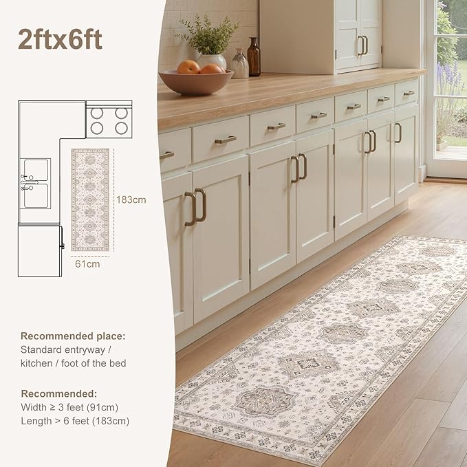 Washable 2x6 Runner Rug - Area Rugs Neutral Vintage Distressed Floral Farmhouse Boho Large Soft Floor Rug Indoor Carpet for Hallway Entryway Bedroom Kitchen - Beige Brown-Ruum Studio Home