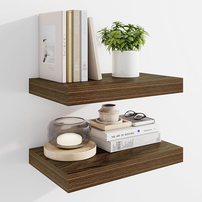 Marsmiles 16" Floating Shelves for Wall, Wooden Shelves with Invisible Brackets Set of 2, Rustic Farmhouse Wall Mounted Shelf for Kitchen Bathroom Living Room Study, Walnut-Ruum Studio Home