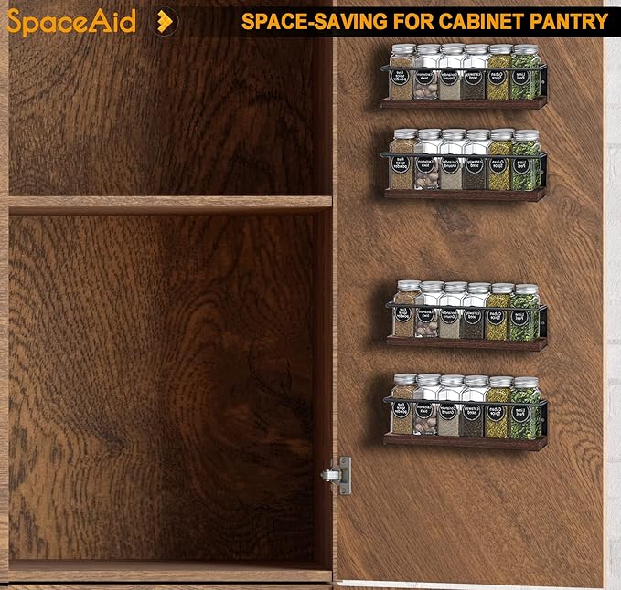 SpaceAid Spice Rack with 24 Spice Jars, 386 Spice Labels, Chalk Marker and Funnel, Wood Hanging Seasoning Shelf for Cabinet Door or Wall Mount (4 Pack)-Ruum Studio Home