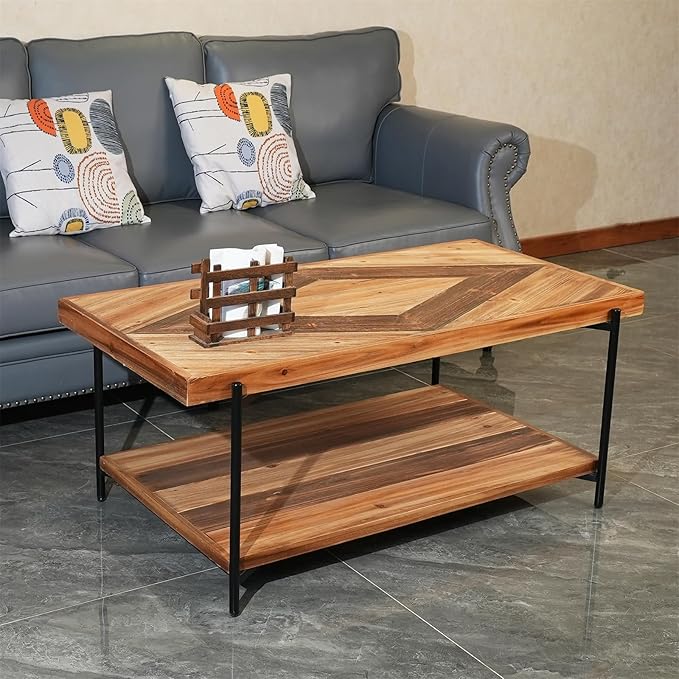 CONSDAN StoneCreek Coffee Table, Solid Fir Wood & Metal Frame, 2-Tier Industrial Farmhouse Table for Living Room/Office, 44" Rectangular Table-Ruum Studio Home