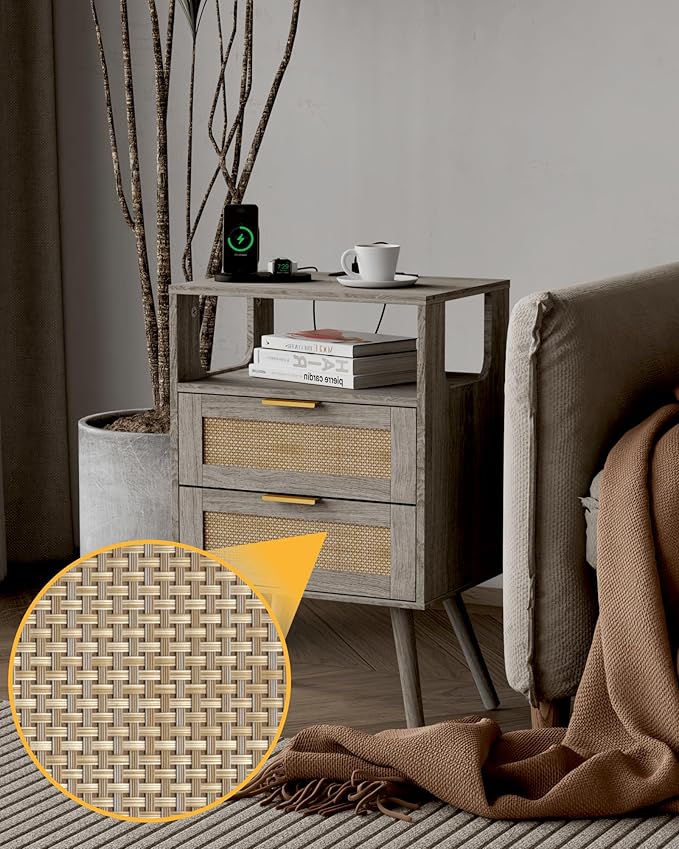 Rattan Nightstand with Charging Station,Modern Bedside Table with 2 Storage Drawer and Open Wood Shelf, for Bedroom and Small Spaces,Night Stand with Solid Wood Legs (Grey Oak)-Ruum Studio Home