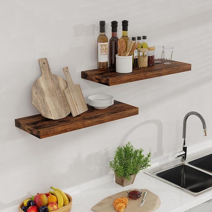 24 x 9 Floating Shelves, 9 Inch Deep Floating Shelf Wall Mounted, 24 Inch Bathroom Shelves Set of 2, Rustic Wood Wall Shelf for Bedroom, Living Room, Rustic Brown Color-Ruum Studio Home