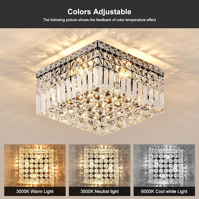 4-Light Black Crystal Chandeliers Flush Mount Chandelier Light Fixture with K9 Crystals Modern Ceiling Lights Elegant Square Lamp for Bedroom,Hallway,Bar,Living Room,Dining Room,H5.9 xW13.7-Ruum Studio Home