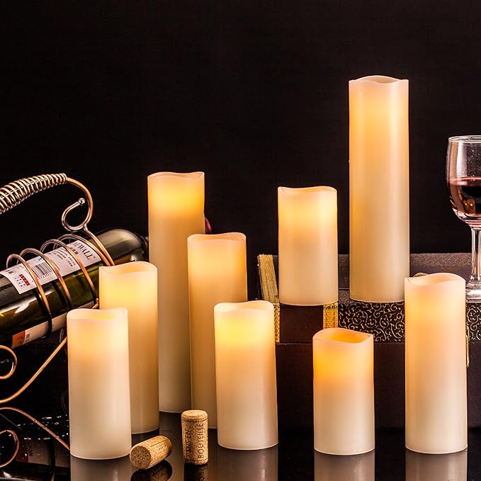 Flameless Candles Battery Operated Candles 4" 5" 6" 7" 8" 9" Set of 9 Ivory Real Wax Pillar LED Candles with 10-Key Remote and Cycling 24 Hours Timer-Ruum Studio Home