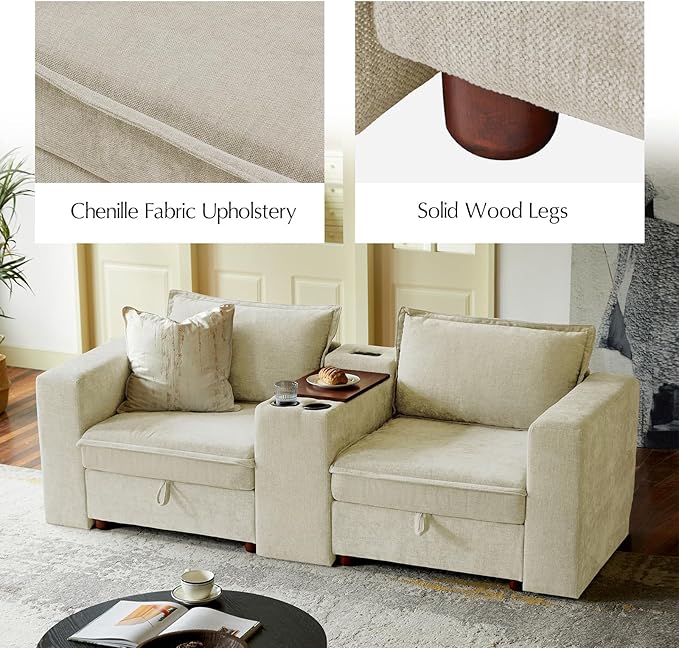 HULALA HOME 88" Loveseat Sofa with USB Port and Console, Oversized 2 Seater Sofa with Storage Ottoman, Comfy Upholstered Loveseat Couch for Living Room Bedroom, FSC Certified, Beige-Ruum Studio Home