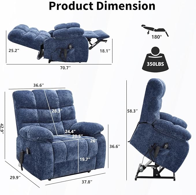Lay Flat Recliner with Vibration Massage and Lumbar Heating, 26'' Wide Recliner Chair with Infinite Position and 2 Remote Controls, Soft Chenille Lift Recliner for Living Room, Blue-Ruum Studio Home