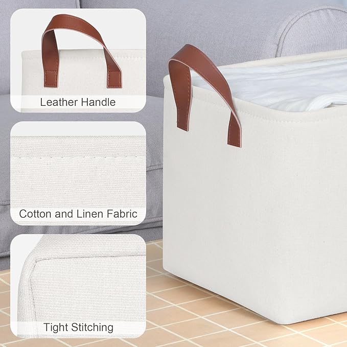 KEEGH Storage Baskets for Organizing, Fabric Storage Bins with Leather Handles, Shelf Baskets for Closet Organization, 15" L x 11" W x 10" H, White, 4 Pack-Ruum Studio Home