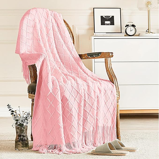 inhand Knitted Gift Throw Blankets for Couch and Bed,Valentines Day Decor Blanket for Her Him Girlfriend Wife, Pink Romatic Lightweight Decorative with Tassel, Farmhouse Warm Woven for Women, 60"x80"-Ruum Studio Home