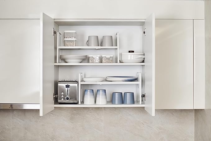 Nxconsu Cabinet Shelf Expandable Height Adjustable Shelf Organizer Riser for Kitchen Cabinet Pantry Cupboard Under Sink Countertop Organization Storage Space Saver Stackable Heavy Duty Metal White XL-Ruum Studio Home