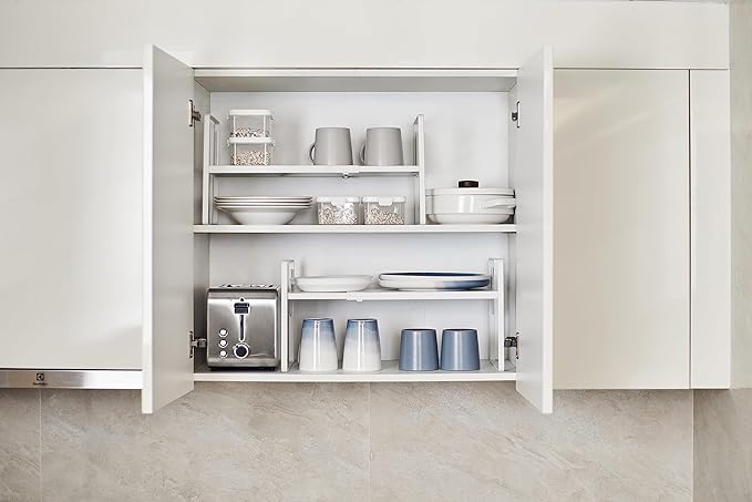 Nxconsu Cabinet Shelf Expandable Height Adjustable Organizer Riser for Kitchen Cabinet Pantry Cupboard Under Sink Countertop Organization Storage Space Saver Stackable Heavy Duty Metal White-Ruum Studio Home