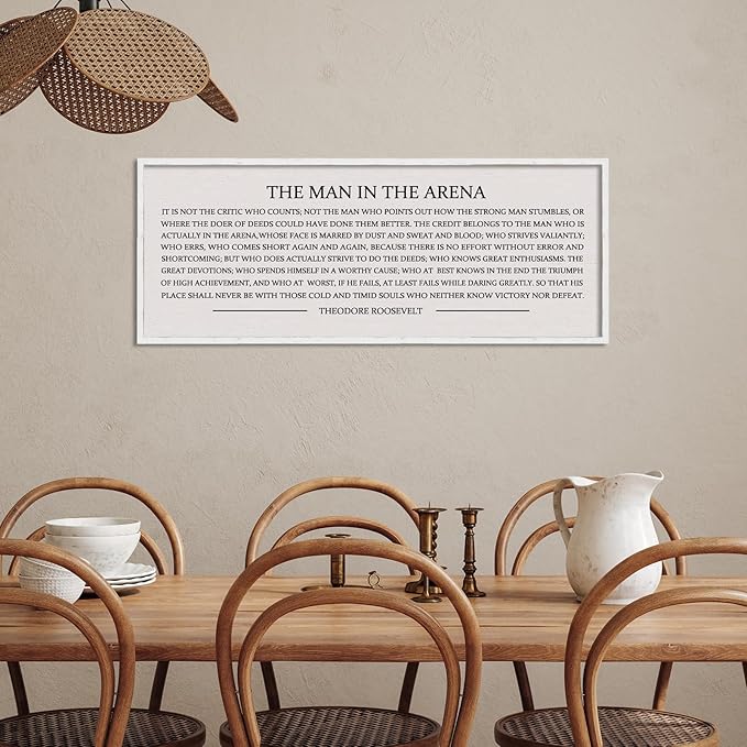 LuZhiQiang The Man in the Arena Wall Decor 40''x15'' Inspirational Quotes Office Wood Framed Sign Rustic Home Motivational Art For Man Entrepreneur Morden Living Room Wall Hanging Decor (White)-Ruum Studio Home