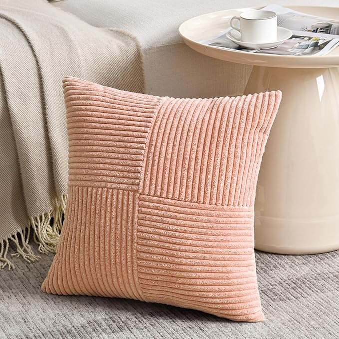 Fancy Homi 2 Packs Peach Decorative Throw Pillow Covers 22x22 Inch for Living Room Couch Bed Sofa, Rustic Farmhouse Boho Home Decor, Soft Corss Corduroy Patchwork Accent Square Cushion Case 55x55 cm-Ruum Studio Home