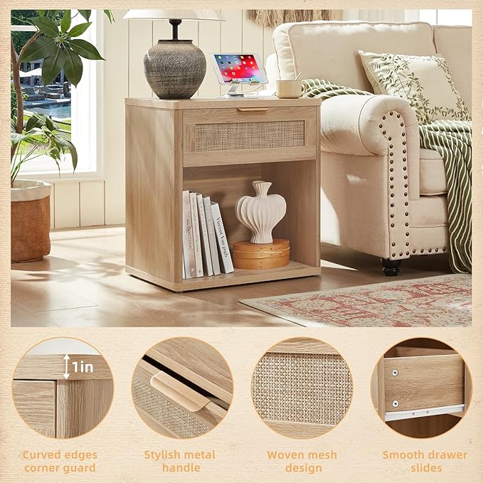 LEYAOYAO Boho Rattan Coffee Table Sets 2 Pieces, Nightstand with Charging Station and Coffee Table with Hidden Storage Compartment, Natural Living Room Table Set, Wood Furniture Sets for Home Office-Ruum Studio Home