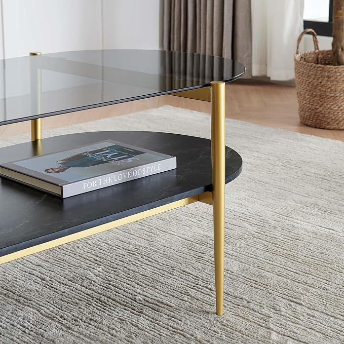 Oval Glass Coffee Table, Mid-Century Modern Design, L41 x W21 x H17 inch, for Living Room, Grey Glass Top, Black Marble Finish Wood Shelf & Gold Finish Frame-Ruum Studio Home