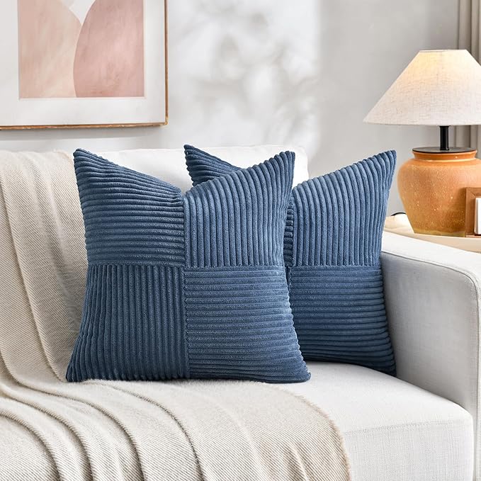 Fancy Homi 2 Packs Dusty Blue Decorative Throw Pillow Covers 16x16 Inch for Living Room Couch Bed Sofa, Farmhouse Boho Home Decor, Soft Corss Patchwork Corduroy Textured Square Cushion Case 40x40 cm-Ruum Studio Home