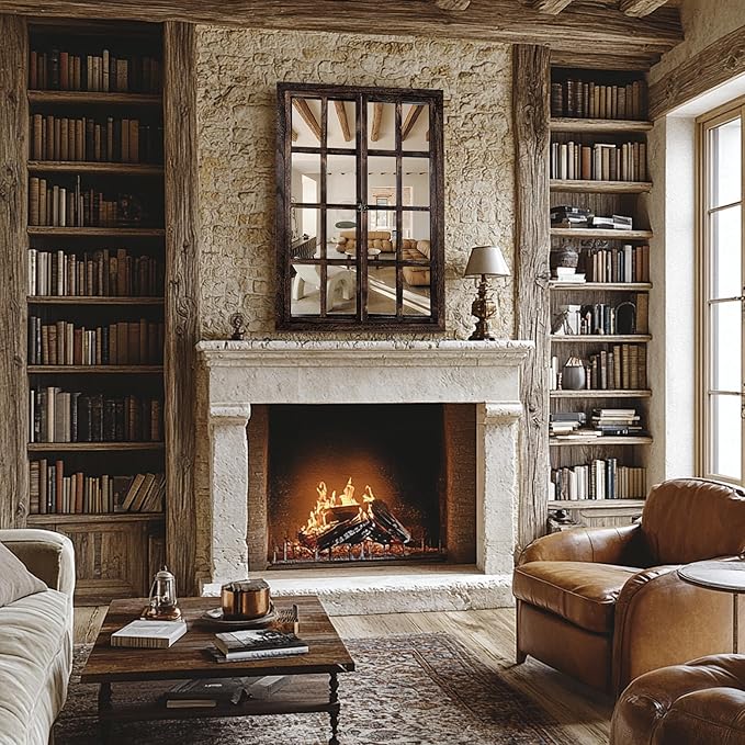 Wall Mirror with Window Design, 36"x24" Rustic Farmhouse Wood Mirror for Wall Decor, Decorative Vintage Mirror for Living Room, Bedroom, Entryway-Ruum Studio Home