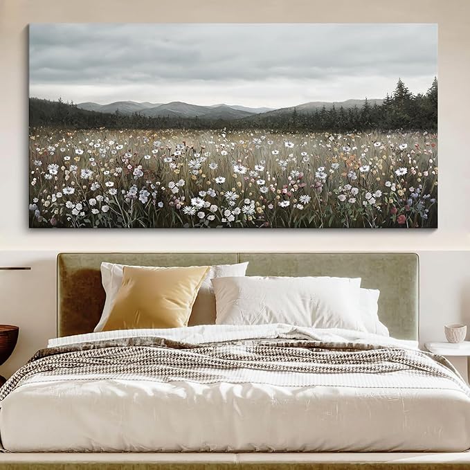 HGUAOA Vintage Landscape Wall Art for Bedroom and Living Room - Large Floral Artworks Farmhouse Wall Decor - Framed Neutral Nature Pictures - Above Bed Wall Decor with Mountain Scenery 29×58IN-Ruum Studio Home