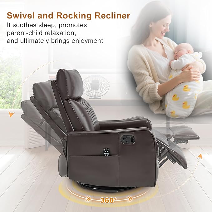 Manual Swivel Rocker Recliner Chair for Adults, Overstuffed Reclining Glider Chair for Nursing with Vibration Massage & Heat, Living Room Rocking Recliner 2-Stage backrest, Faux Leather Brown-Ruum Studio Home