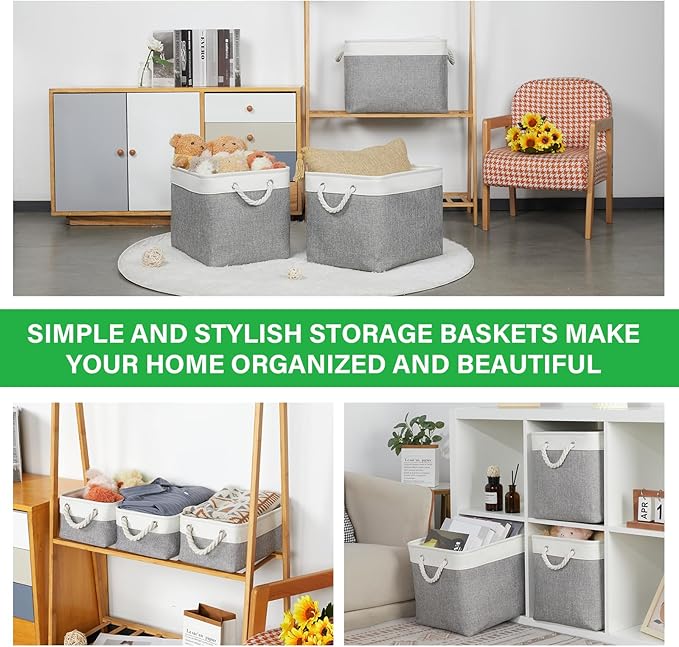 Bidtakay Large Storage Baskets for Organizing 3-Pack Fabric Closet Organizers Storage Bins with Handles 16x11.8x11.8 In Collapsible Baskets for Shelves Cloth Home Organization L-White&Grey-Ruum Studio Home