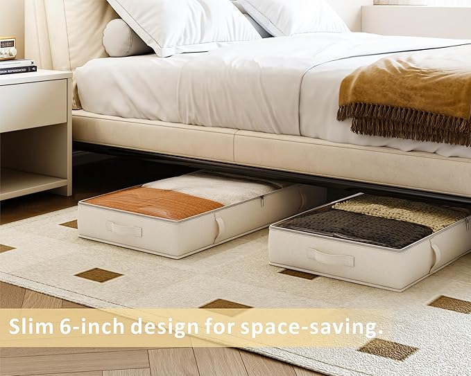 Vailando Under Bed Storage Containers, Underbed Storage Bins with 6 Inches Tall, Clothes Storage Box with Sturdy Handles and Sidewalls, Beige, 2-Pack-Ruum Studio Home