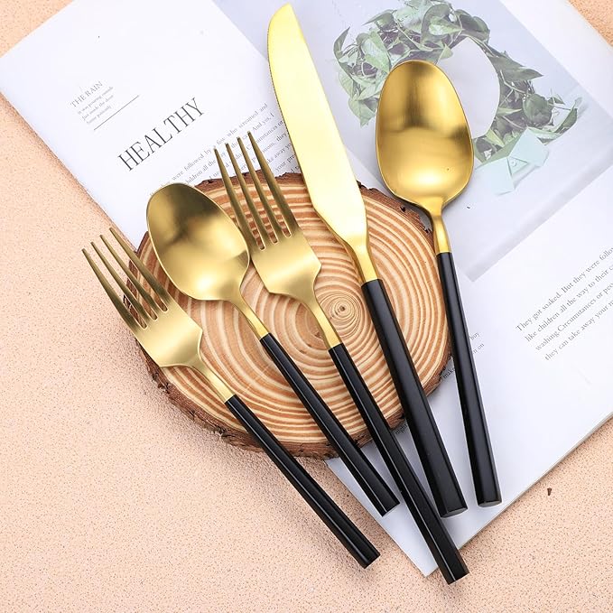 Matte Silverware Set Gold Flatware Set with Hexagon Handle 20 Pieces 18/0 Stainless Steel Cutlery Set Wedding Housewarming Gift Service for 4 (Matt black gold)-Ruum Studio Home