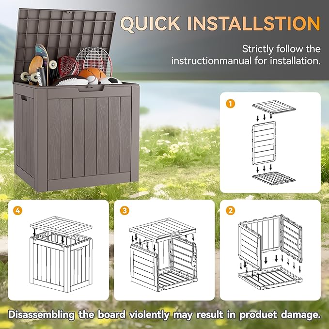KAMABOKO Deck Box, 32 Gallon Resin Indoor and Outdoor Storage Boxes Waterproof for Garden Tools, Pool Accessories Storage Bench, Patio Furniture and Cushions with Lockable Lid, Grey-Ruum Studio Home