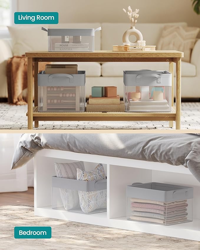 SONGMICS Storage Bins Set of 3, Medium Fabric Storage Baskets, Foldable Organizer with Transparent Nylon Mesh, 15.7 x 11.8 x 9.8 Inches, Handles, for Bedroom, Living Room, Dove Gray URFB940G01-Ruum Studio Home