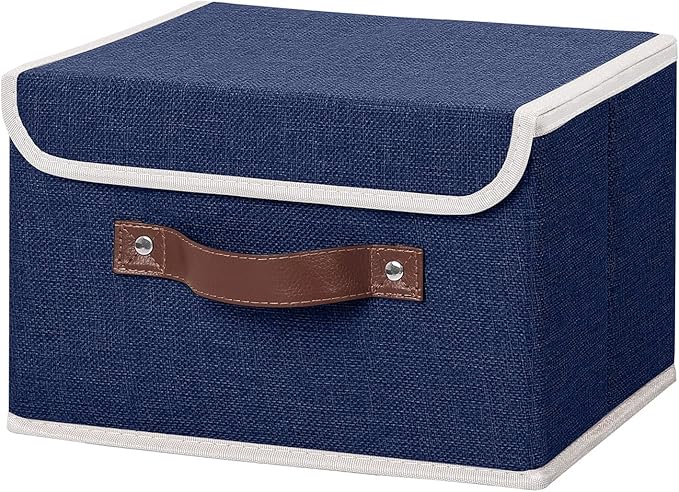 ANMINY Storage Bin with Lid Storage Boxes with PU Leather Handles PP Plastic Board Decorative Foldable Lidded Cotton Linen Fabric Home Cubes Baskets Closet Organizer Container - Blue, Small Size-Ruum Studio Home