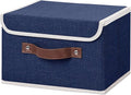 ANMINY Storage Bin with Lid Storage Boxes with PU Leather Handles PP Plastic Board Decorative Foldable Lidded Cotton Linen Fabric Home Cubes Baskets Closet Organizer Container - Blue, Small Size-Ruum Studio Home