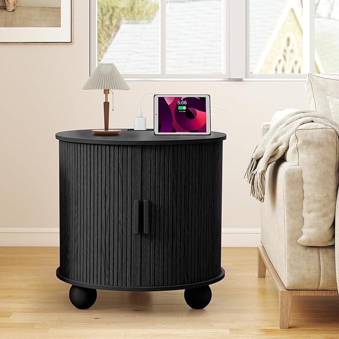 AVZEAR 24" Large Round End Table with Charging Station, Farmhouse Fluted Sofa Side Table with Sliding Tambour Door & Storage, Mid-Century Wood Nightstand for Living Room, Bedroom, Black-Ruum Studio Home